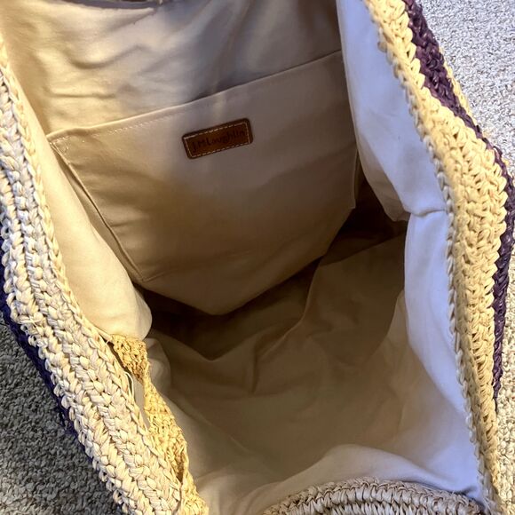 J. McLaughlin Straw Tote Bag Bamboo Handles Striped Beach Bag Lined Sea Grass - Picture 5 of 10